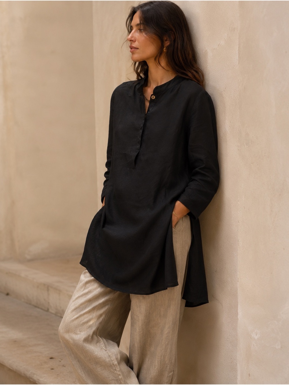 Sarah Pacini 100% Linen Black Tunic Top Shirt - Size 1